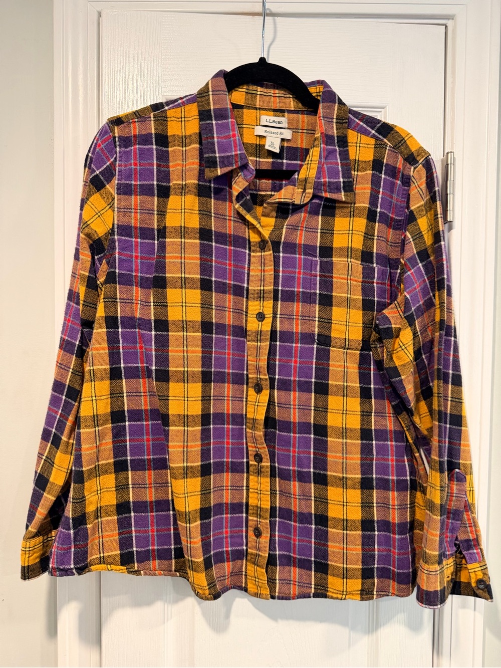 L.L. Bean Size XLP Purple Mustard Cotton Plaid Button Down Shirt Relaxed Fit